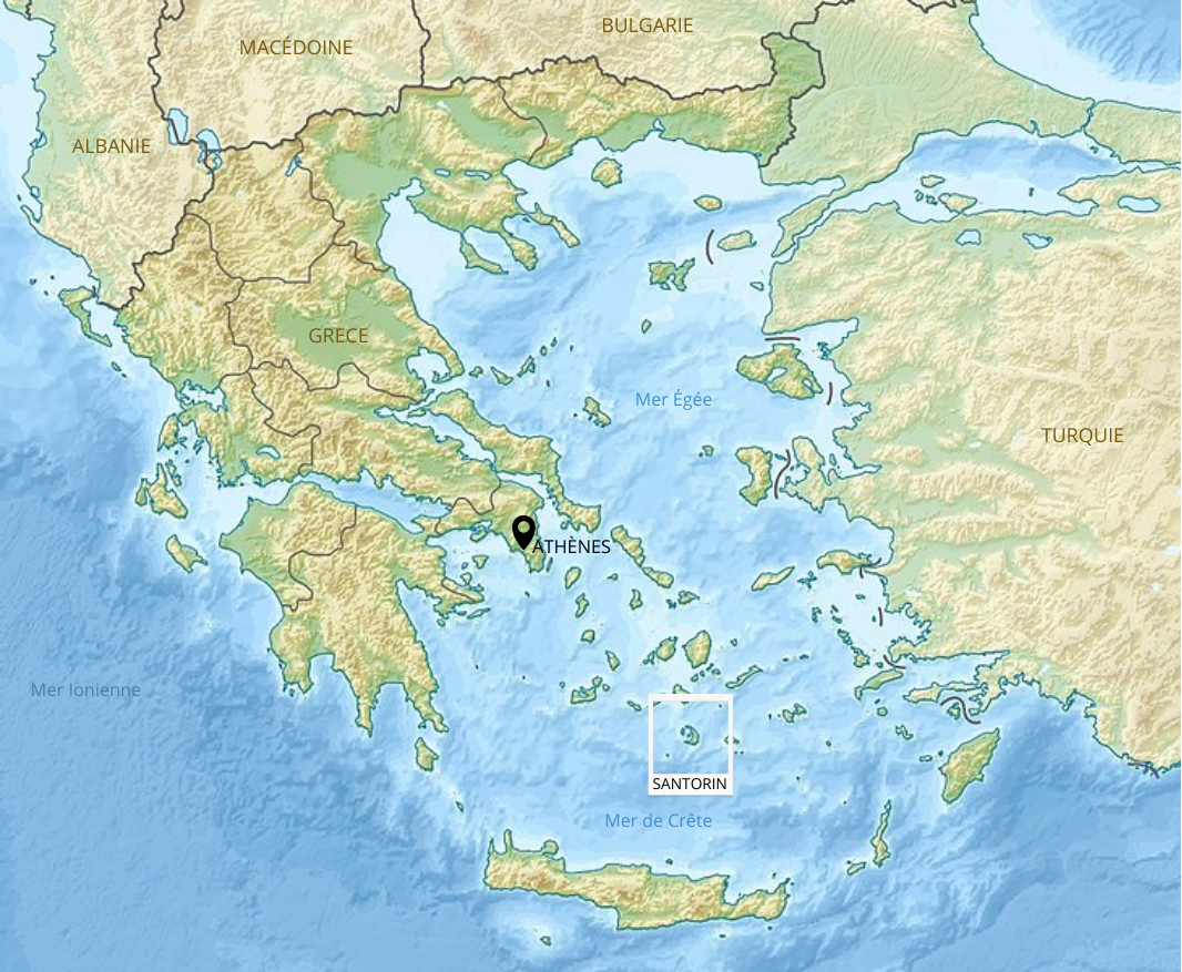Carte issue de la page Wikipédia dédié à l'archipel de Santorin. Disponible en ligne : https://fr.wikipedia.org/wiki/Santorin 